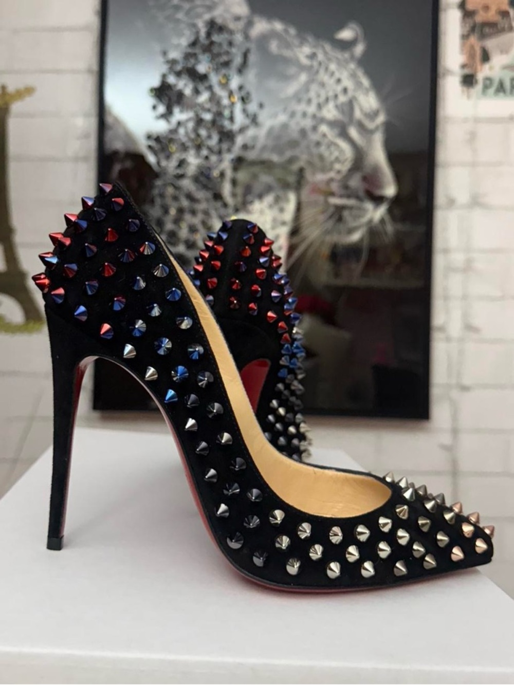 Christian Louboutin Black Suede Multi-Colored Pigalle Spike Red Sole Pumps - Picture 2 of 7